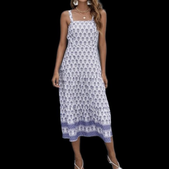 Hot Boho Dress Blue + White Floral Botanical Print Midi - Picture 3 of 6